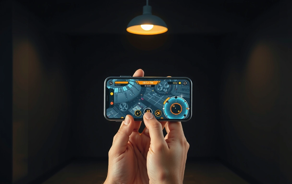 A smartphone displaying a complex game interface held in a pair of hands